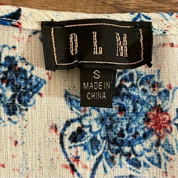 OLM 1/2 Sleeve Boho Hippie Floral Patch Blouse White Blue Wine Size Small - Picture 6 of 8